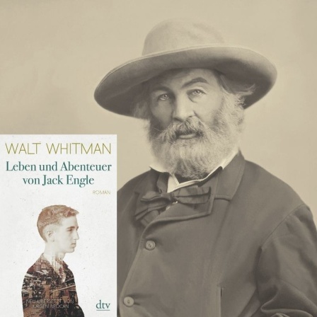 Zu sehen ist der Autor Walt Whitman und sein Roman "Leben und Abenteuer von Jack Engle"