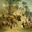 Ein Bauernfest in Hessen / Ankunft der Musikanten (Carl Breitbach 1833-1904; Öl auf Leinwand)