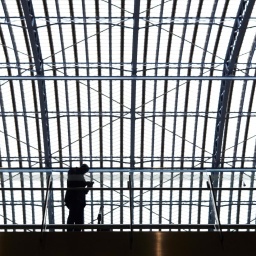 Die Silhouette eines Mannes, der auf einem Bahnsteig steht, hebt sich vor dem hellen Hintergrund des Dachgewölbes des Bahnhofs ab.