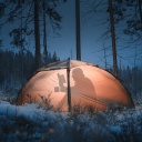 Ein Mensch sitzt in einer Winterlandschaft in einem Zelt und liest ein Buch bei Taschenlampenschein, sein Schatten ist von aussen zu sehen.