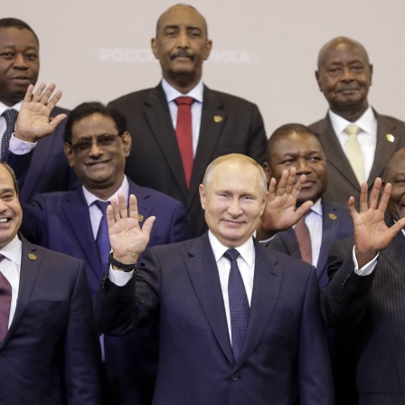 SOCHI, RUSSIA - OCTOBER 24, 2019: Egypt s President Abdel Fattah el-Sisi, Russia s President Vladimir Putin, South Africa s President Cyril Ramaphosa (L-R 1st row), Mauritania s President Mohamed Ould Ghazouani, Mauritius Acting President Paramasivum Vyapoory, Mozambique s President Filipe Nyusi (L-R 2nd row), Togo s President Faure Essozimna Gnassingbe, Sudan s Transitional Sovereign Council Chairman Abdul Fattah al-Burhan, and Uganda s President Yoweri Museveni (L-R 3rd row) pose for a family photo with heads of countries taking part in the 2019 Russia-Africa Summit at the Sirius Park of Science and Art.