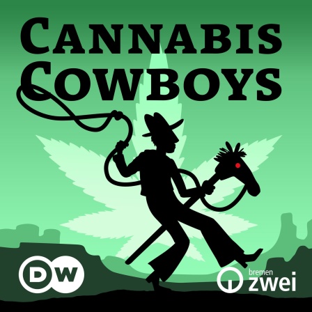 Silhouette eines Cowboys auf einem Steckenpferd mit Lasso, dahinter ein Hanfblatt