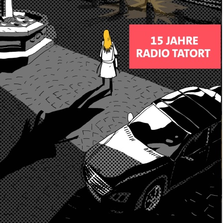 Eine blonde Frau steht auf einem Platz. Hinter ihr steht eine dunkle Limousine - Motiv des ARD Radio Tatort &#034;rot ist tot&#034;