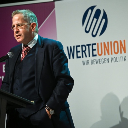 Archivbild: Hans-Georg Maaßen (WerteUnion) bei einer Rede (Bild: picture alliance/dpa | Heiko Rebsch)