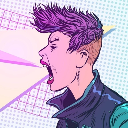 Im Stil der 80er gehaltene Illustration des Profils einer jungen Frau mit lila gefärbten Haaren im New-Wave-Stil. Sie schreit ihre Wut aus sich heraus, was auch die abstrakt-dynamischen Symbole veranschaulichen, die aus ihrem Mund zu kommen scheinen.