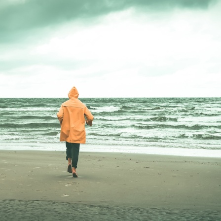 Ein Mensch mit orangefarbener Regenjacke geht am Wasser spazieren. 