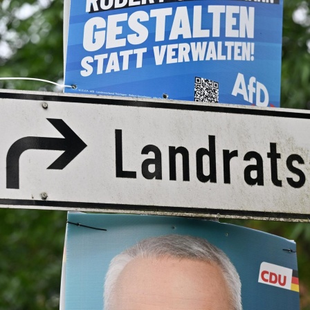 Plakate mit Fotos der Kandidaten hängen neben einem Wegweiser zum Landratsamt. 