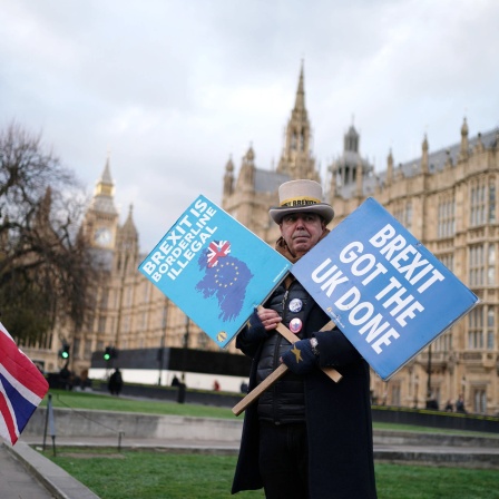 Brexit-Gegner Steve Bray steht mit zwei Schildern auf dem College Green.