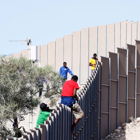 Flüchtlinge klettern über einen Zaun auf der Insel Lampedusa (14.09.2023).