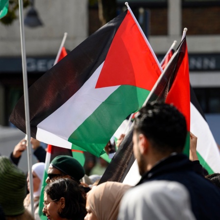 Teilnehmer einer pro-palästinensischen Demonstration in Köln schwenken Palästinenser-Flaggen. 