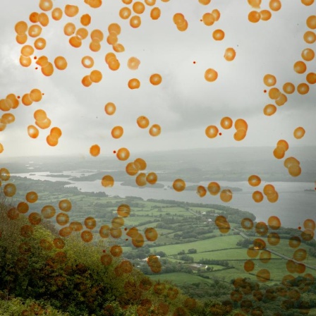 Blick auf grüne Hügel und eine Seenplatte. Das Foto wird von einer Grafik aus orangen Punkten überlagert.