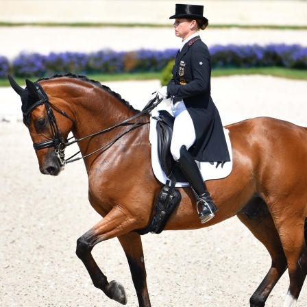 Symbolbild: Die deutsche Dressurreiterin Isabell Werth auf dem Pferd Emilio reitet beim Großen Preis von Aachen 2020 durch den Parcours.