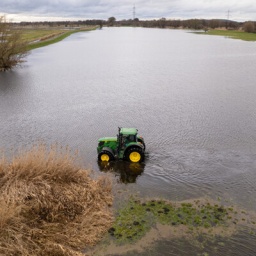 Ein Traktor steht im Wasser - keine Spur mehr von Dürre