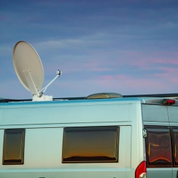 Ein Camper mit Satellitenschüssel auf dem Dach vor einem Sonnenuntergang am Meer.