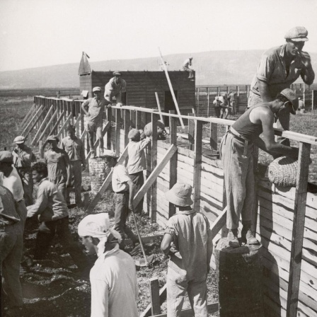 Jüdische Siedler in Palästina: Bau von kugelsicheren, festungsartigen Schutzwänden einer neuen jüdischen Bauernsiedlung. Photographie von Zoltan Kluger. 1935.