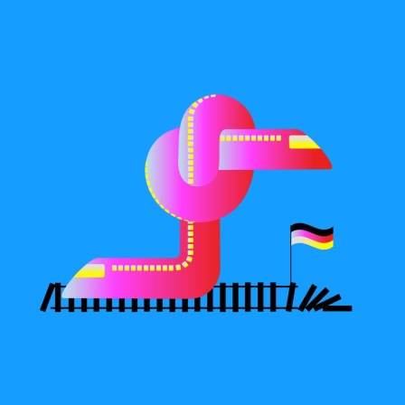 Illustration eines ICE, der sich verknotet. Auf den schwarzen Gleisen weht eine Deutschlandflagge.