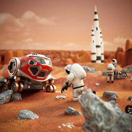 Die fiktive Szene mit Fahrzeugen und Astronauten zeigt eine bemannte Marsmission