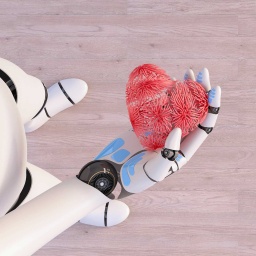 Ein Roboter hält ein Herz in seiner Hand. 