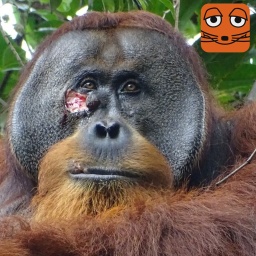 Der Orang-Utan-Mann Rakus hat eine große Wunde unter dem Auge.