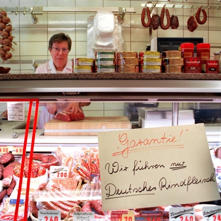 Mit einem Schild &#034;Garantie - Wir führen nur Deutsches Rindfleisch&#034; an der Fleischtheke möchte eine Metzgerei in Frankurt ihren Kunden die Angst vor importiertem, BSE-verseuchtem Fleisch nehmen (1.7.1994)