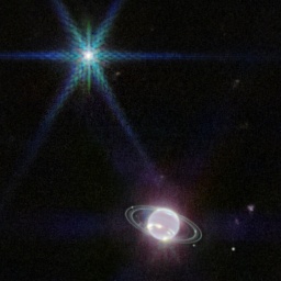 Der Planet Neptun mit Ring) und sein hellster Mond Triton aufgenommen vom James-Webb-Teleskop.
      
