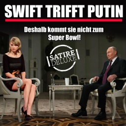 Satirische Fotomonatge: Taylor Swift und Wladimir Putin sitzen sich zum Gespräch gegenüber