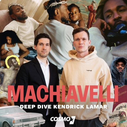 Kendrick Lamar - die Machiavelli Hosts Vasilli Golod und Jan Kawelke vor einer Kendrick Lamar Collage