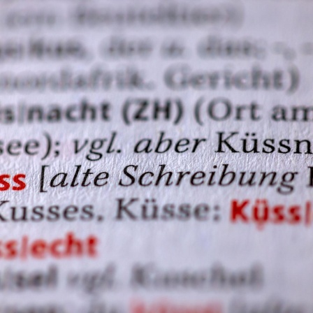Das Wort Kuss" und die "alte Schreibung Kuß" liest man auf einer Seite des Duden mit den Regeln der deutschen Rechtschreibung. 1998 trat die deutsche Rechtschreibreform in Kraft.