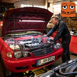 Ein Automechaniker arbeitet am Motor eines roten Autos in einer Werkstatt.