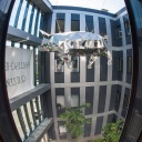 Glitzerschwein hängt im Lichthof des Finanzamt Halle. Das Kunstwerk stammt von dem halleschen Künstlers Marc Fromm und ist von der Straße durch eine Glasfasade zu sehen.