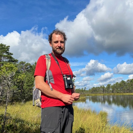Ein Mann steht mit rotem T-Shirt in einer Landschaft (in Estland)