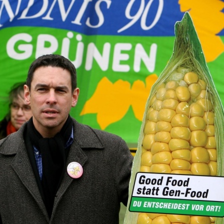 Beim Start einer landesweiten Kampagne gegen Gentechnik steht 2007 der Landesvorsitzende der Grünen in NRW, Arndt Klocke in Borken mit einem Papp-Maiskoblben auf einem Acker. Unter dem Motto "Good Food statt Gen-Food" starteten die nordrhein-westfälisch