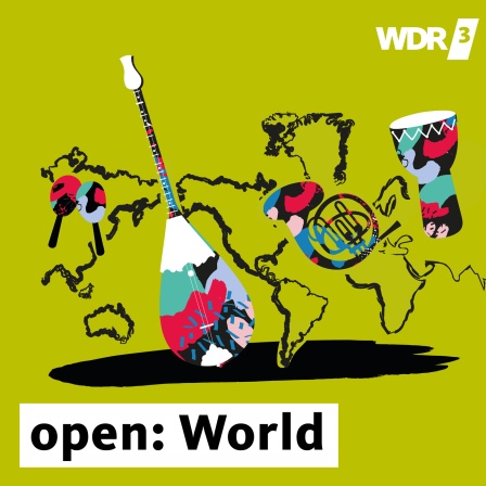 Illustration zu WDR 3 Open World: Viele bunte Instrumente und eine Weltkarte.
