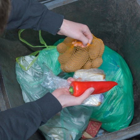 Ein Mann sucht in einer Mülltonne nach Lebensmitteln.