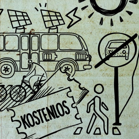 Illustration. Wimmelbild mit Darstellung verschiedener Arten von Verkehr und Mobilität. Radfahren, Elektrobus, Überquerung Zebrastreifen zu Fuß. Verkehrszeichen und Hand, die ein Mobiltelefon hält