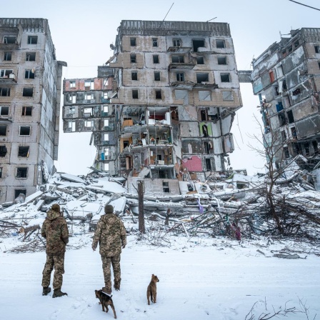 Ukrainische Soldaten stehen vor einem von einer russischen Rakete zerstörten Wohnblock in der von Russland besetzten Region Donezk. 

