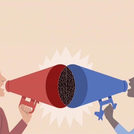 Eine Illustration zeigt eine Mann und eine Frau, die über Megafone lautstark Ihre Meinungen austauschen. Die Mitte bildet eine stilisierte Gehirnmasse.
