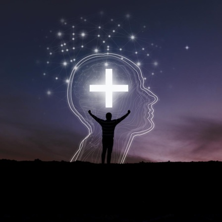 Illustration zeigt einen Kopf mit einem Kreuz aus digital anmutenden Elementen. Davor ein anbetende schwarze Silhouette.