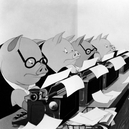 Ein Cartoon zeigt mehrere Schweine die in Anzug und mit Brille bekleidet an Schreibmaschinen im Büro arbeiten.