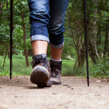 Füße in Wanderschuhen mit Wanderstock: Wer wandert, hat gerne mal Dreck am Stecken