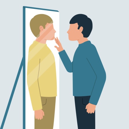Illustration eines Mannes, der in den Spiegel schaut und sein Gegenüber offenbar nicht erkennt.