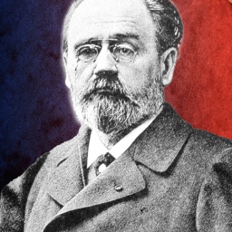 Émile Zola vor einem blau-roten Hintergrund.