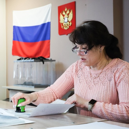 Ein Mitglied der Wahlkommission bereitet die Stimmzettel für die russischen Präsidentschaftswahlen 2024 in einem Wahllokal an der Staatlichen Universität Nowosibirsk vor.