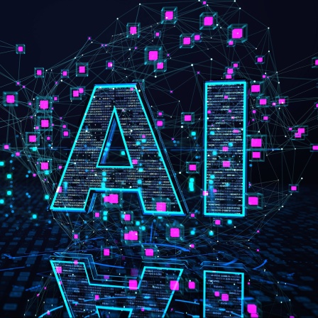 Eine Computergrafik mit violetten und türkisen Vierecken auf schwarzem Grund und den Buchstaben "AI"