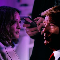 Collage von Kamala Harris und Donald Trump, die einander im Profil gegenüberstehen. Im Hintergrund ist eine Person zu sehen, die ein Smartphone bedient.