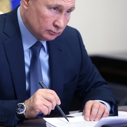 Der russische Präsident Wladimir Putin nimmt über eine Videoverbindung an einer Sitzung des russischen Präsidialrats teil. 