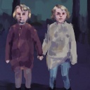 Zeichnung: Adam und Ida als Kleinkinder. Die beiden Zwillinge halten Händchen als Kinder.