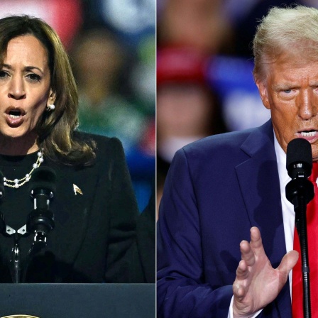 Foto-Collage von Kamala Harris und Donald Trump, beide während einer Rede im Wahlkampf. 