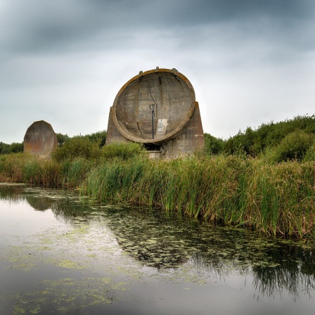 zwei große akustische Parabolspiegel aus Beton in einer Graslandschaft mit Tümpel