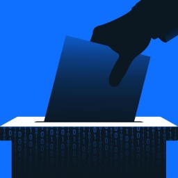 Illustration zeigt eine Hand, die einen Stimmzettel in eine Schachtel mit binärem Code steckt. 